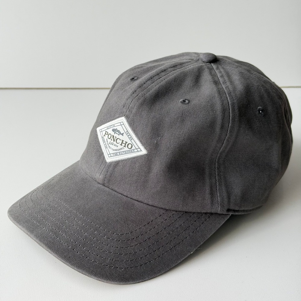 Poncho Outdoors Fishing Hat Gray Baseball Cap Adjustable Strapback Logo Patch